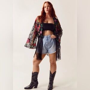 Nasty Gal Black Sheer Kimono with Floral Sequin Embroidery w/ Tassel Hem 14